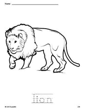 Free printable lion coloring page and word tracing worksheet, perfect for preschool, pre-k, and kindergarten, PDF