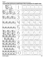 Free printable lion counting worksheet for preschool and pre-k with number tracing practice 1-10, PDF