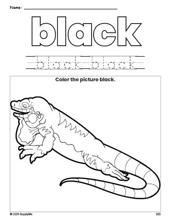 Free lizard color black coloring page and color worksheet, black worksheet for preschoolers to learn colors, printable PDF