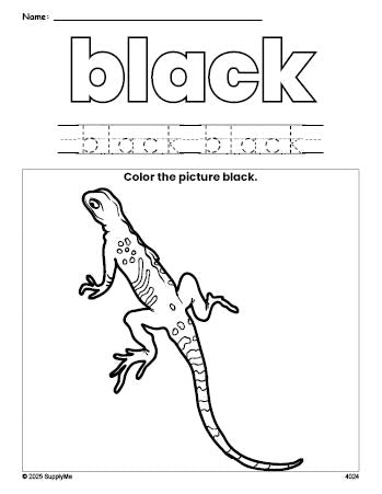 Free lizard color black coloring page and color worksheet, black worksheet for preschoolers to learn colors, printable PDF