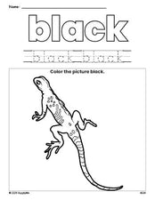 Free lizard color black coloring page and color worksheet, black worksheet for preschoolers to learn colors, printable PDF