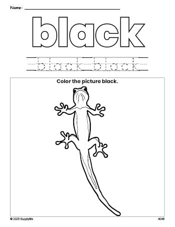 Free lizard color black coloring page and color worksheet, black worksheet for preschoolers to learn colors, printable PDF