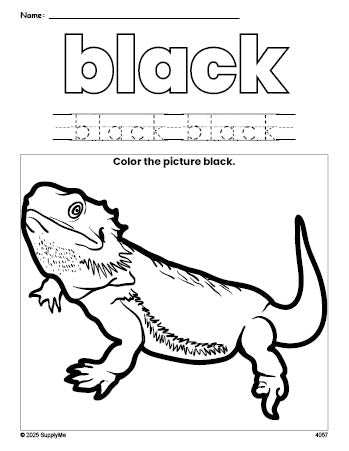 Free lizard color black coloring page and color worksheet, black worksheet for preschoolers to learn colors, printable PDF