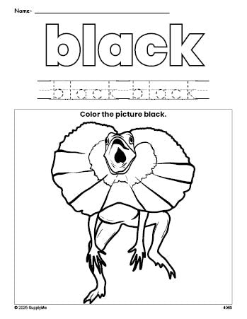 Free lizard color black coloring page and color worksheet, black worksheet for preschoolers to learn colors, printable PDF