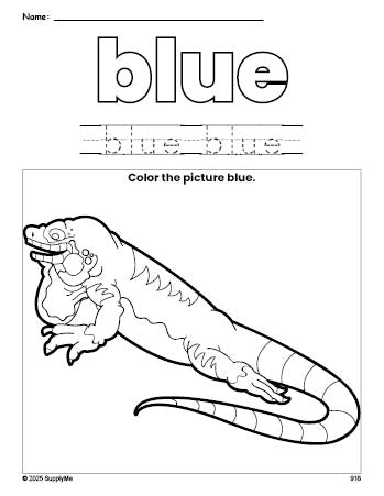 Free lizard color blue coloring page and color worksheet, blue worksheet for preschoolers to learn colors, printable PDF