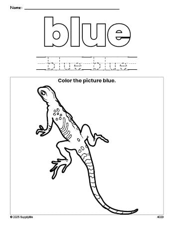 Free lizard color blue coloring page and color worksheet, blue worksheet for preschoolers to learn colors, printable PDF