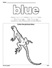 Free lizard color blue coloring page and color worksheet, blue worksheet for preschoolers to learn colors, printable PDF