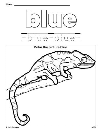 Free lizard color blue coloring page and color worksheet, blue worksheet for preschoolers to learn colors, printable PDF