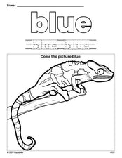 Free lizard color blue coloring page and color worksheet, blue worksheet for preschoolers to learn colors, printable PDF