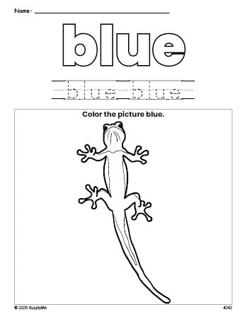 Free lizard color blue coloring page and color worksheet, blue worksheet for preschoolers to learn colors, printable PDF