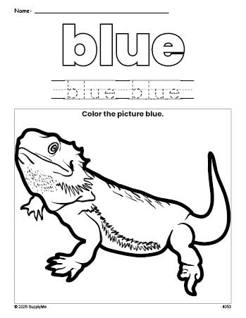 Free lizard color blue coloring page and color worksheet, blue worksheet for preschoolers to learn colors, printable PDF