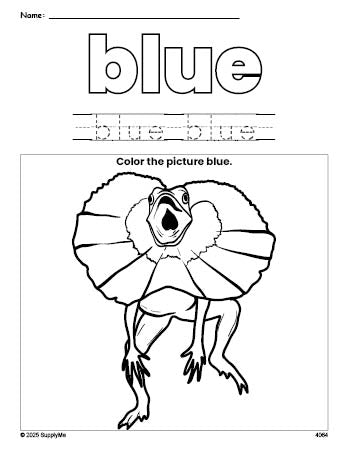 Free lizard color blue coloring page and color worksheet, blue worksheet for preschoolers to learn colors, printable PDF