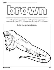 Free lizard color brown coloring page and color worksheet, brown worksheet for preschoolers to learn colors, printable PDF