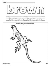 Free lizard color brown coloring page and color worksheet, brown worksheet for preschoolers to learn colors, printable PDF