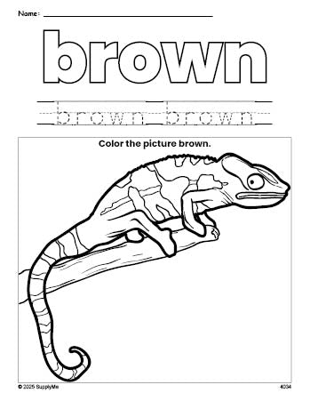 Free lizard color brown coloring page and color worksheet, brown worksheet for preschoolers to learn colors, printable PDF