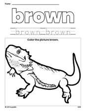 Free lizard color brown coloring page and color worksheet, brown worksheet for preschoolers to learn colors, printable PDF