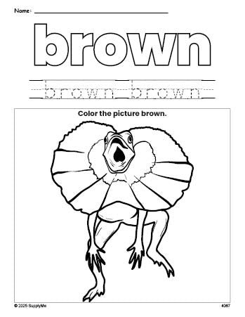 Free lizard color brown coloring page and color worksheet, brown worksheet for preschoolers to learn colors, printable PDF