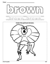 Free lizard color brown coloring page and color worksheet, brown worksheet for preschoolers to learn colors, printable PDF