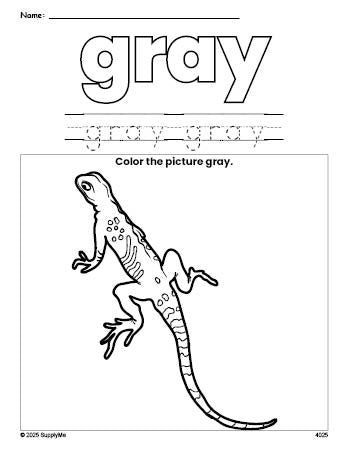 Free lizard color gray coloring page and color worksheet, gray worksheet for preschoolers to learn colors, printable PDF