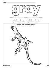 Free lizard color gray coloring page and color worksheet, gray worksheet for preschoolers to learn colors, printable PDF