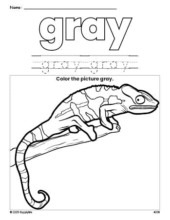 Free lizard color gray coloring page and color worksheet, gray worksheet for preschoolers to learn colors, printable PDF