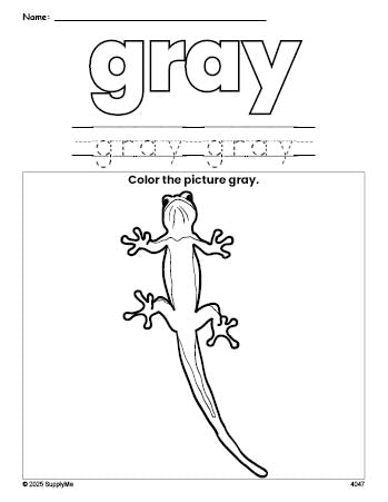 Free lizard color gray coloring page and color worksheet, gray worksheet for preschoolers to learn colors, printable PDF