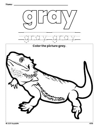 Free lizard color gray coloring page and color worksheet, gray worksheet for preschoolers to learn colors, printable PDF