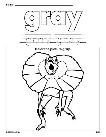 Free lizard color gray coloring page and color worksheet, gray worksheet for preschoolers to learn colors, printable PDF