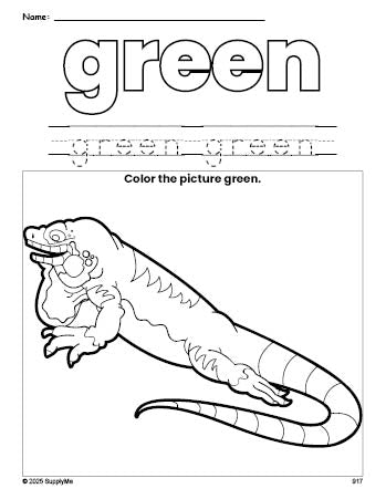 Free lizard color green coloring page and color worksheet, green worksheet for preschoolers to learn colors, printable PDF