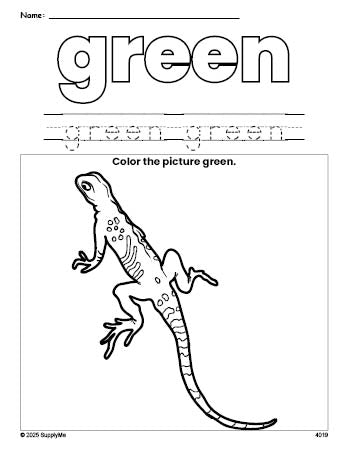 Free lizard color green coloring page and color worksheet, green worksheet for preschoolers to learn colors, printable PDF