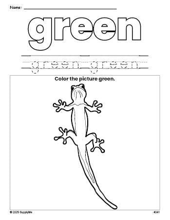 Free lizard color green coloring page and color worksheet, green worksheet for preschoolers to learn colors, printable PDF