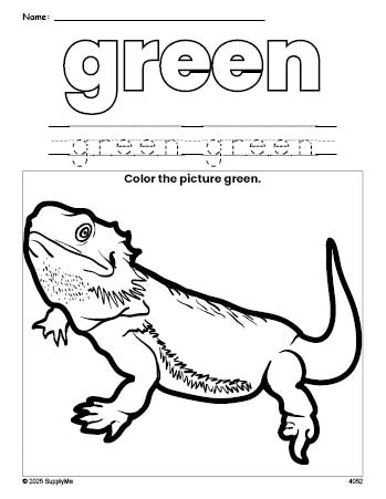 Free lizard color green coloring page and color worksheet, green worksheet for preschoolers to learn colors, printable PDF