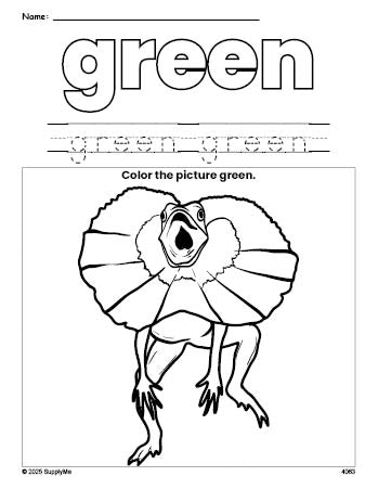 Free lizard color green coloring page and color worksheet, green worksheet for preschoolers to learn colors, printable PDF