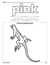 Free lizard color pink coloring page and color worksheet, pink worksheet for preschoolers to learn colors, printable PDF