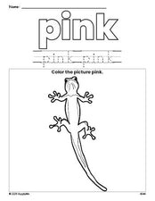 Free lizard color pink coloring page and color worksheet, pink worksheet for preschoolers to learn colors, printable PDF