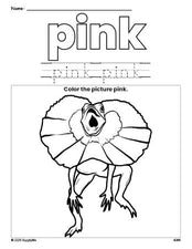 Free lizard color pink coloring page and color worksheet, pink worksheet for preschoolers to learn colors, printable PDF