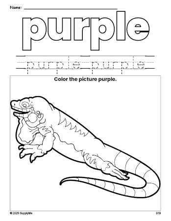 Free lizard color purple coloring page and color worksheet, purple worksheet for preschoolers to learn colors, printable PDF