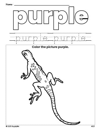 Free lizard color purple coloring page and color worksheet, purple worksheet for preschoolers to learn colors, printable PDF