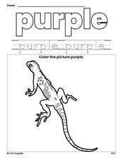 Free lizard color purple coloring page and color worksheet, purple worksheet for preschoolers to learn colors, printable PDF