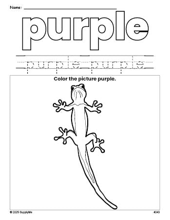 Free lizard color purple coloring page and color worksheet, purple worksheet for preschoolers to learn colors, printable PDF