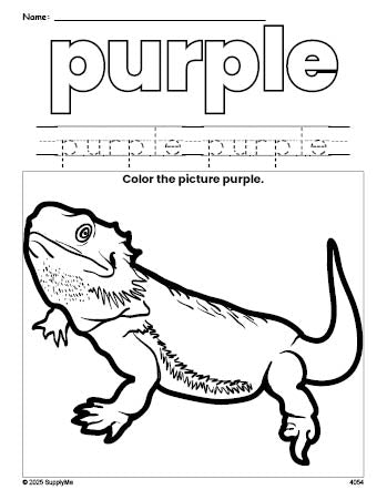 Free lizard color purple coloring page and color worksheet, purple worksheet for preschoolers to learn colors, printable PDF