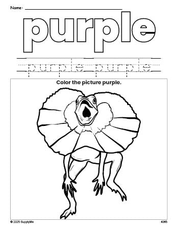 Free lizard color purple coloring page and color worksheet, purple worksheet for preschoolers to learn colors, printable PDF