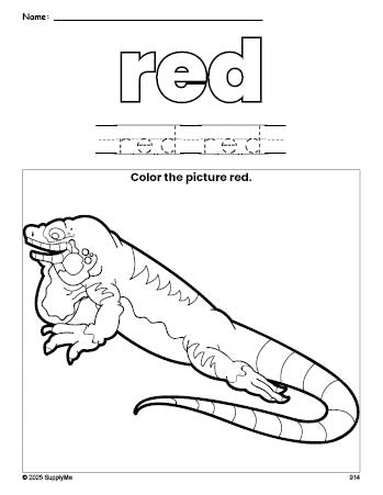 Free lizard color red coloring page and color worksheet, red worksheet for preschoolers to learn colors, printable PDF