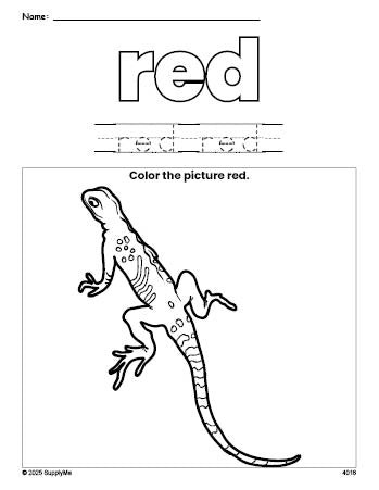 Free lizard color red coloring page and color worksheet, red worksheet for preschoolers to learn colors, printable PDF