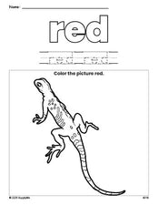 Free lizard color red coloring page and color worksheet, red worksheet for preschoolers to learn colors, printable PDF