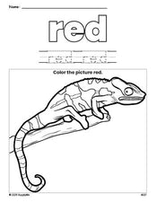 Free lizard color red coloring page and color worksheet, red worksheet for preschoolers to learn colors, printable PDF