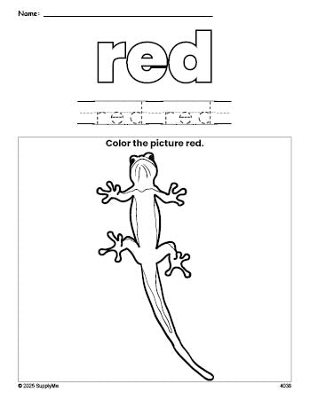 Free lizard color red coloring page and color worksheet, red worksheet for preschoolers to learn colors, printable PDF