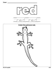 Free lizard color red coloring page and color worksheet, red worksheet for preschoolers to learn colors, printable PDF