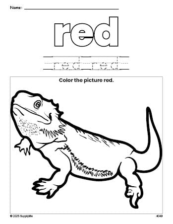 Free lizard color red coloring page and color worksheet, red worksheet for preschoolers to learn colors, printable PDF