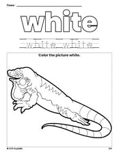 Free lizard color white coloring page and color worksheet, white worksheet for preschoolers to learn colors, printable PDF